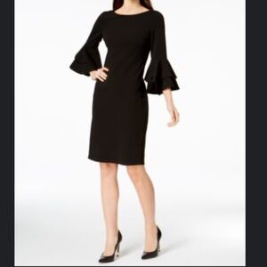 Calvin Klein Black Bell Sleeve Semi, Formal Midi Dress with Gold Accents